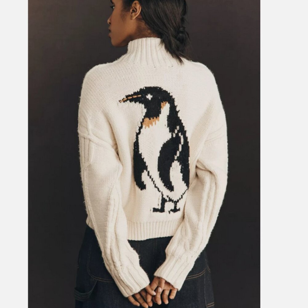 Anthropologie Pilcro Penguin Cable Knit Zip Up Cardigan Sweater Size L NWT Large